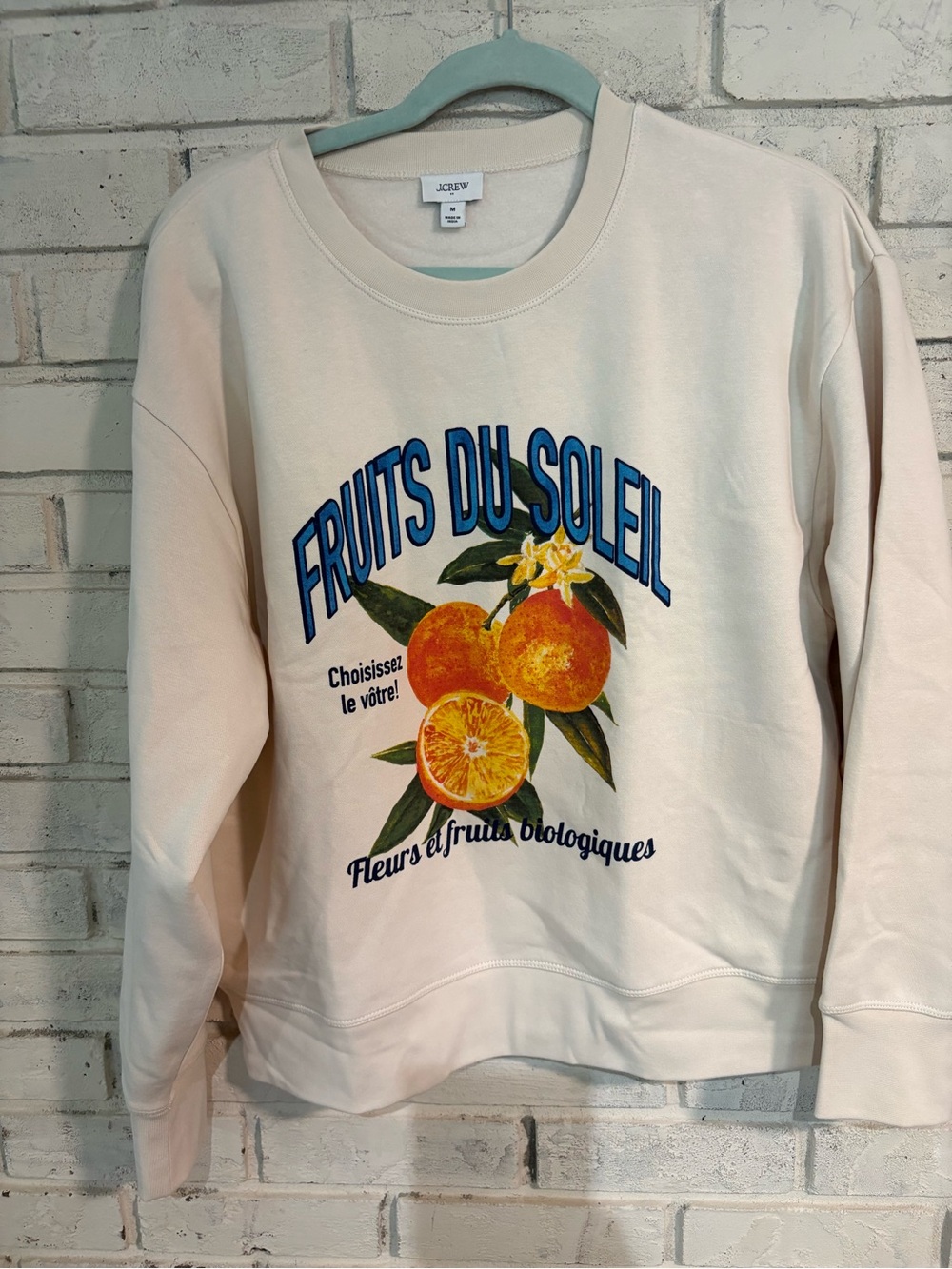 J. CREW M Cream Crewneck Sweatshirt with Orange Fruit Graphic NWOT